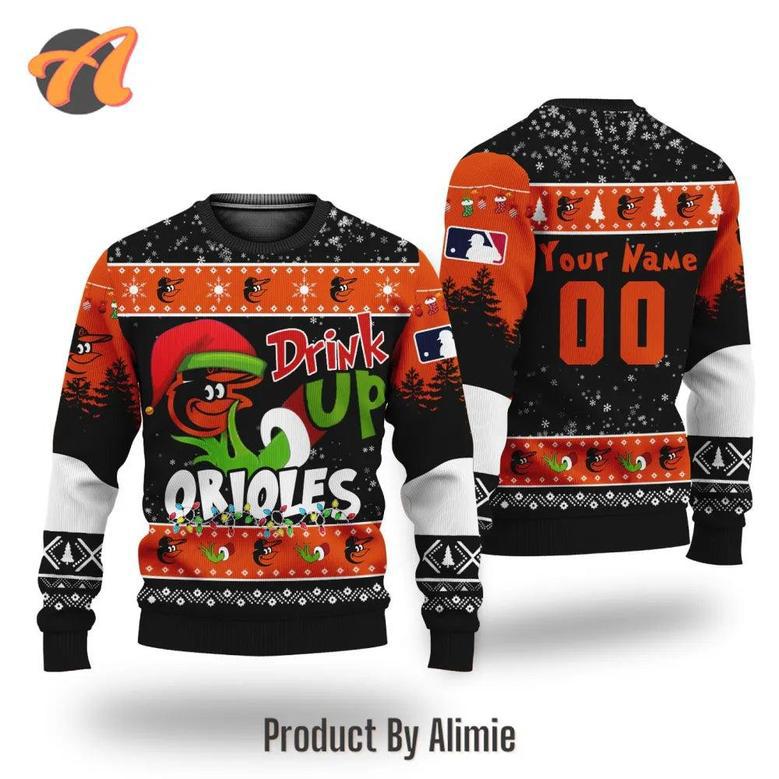 MLB Grinch Drink Up Baltimore Orioles Custom Ugly Christmas Sweater, Jumpers