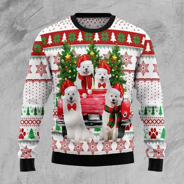 Samoyed Red Truck Ugly Christmas Sweater