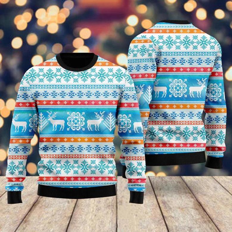 Santa's Reindeer Blue Pattern Ugly Christmas Sweater For Men & Women