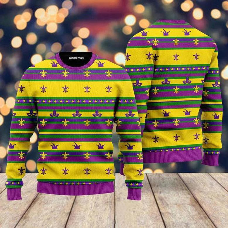 Striped Mardi Gras Pattern Ugly Christmas Sweater For Men & Women