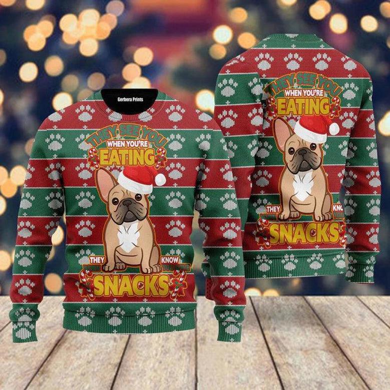 They See You When You’re Eating Christmas French Bulldog Ugly Christmas Sweater For Men & Women