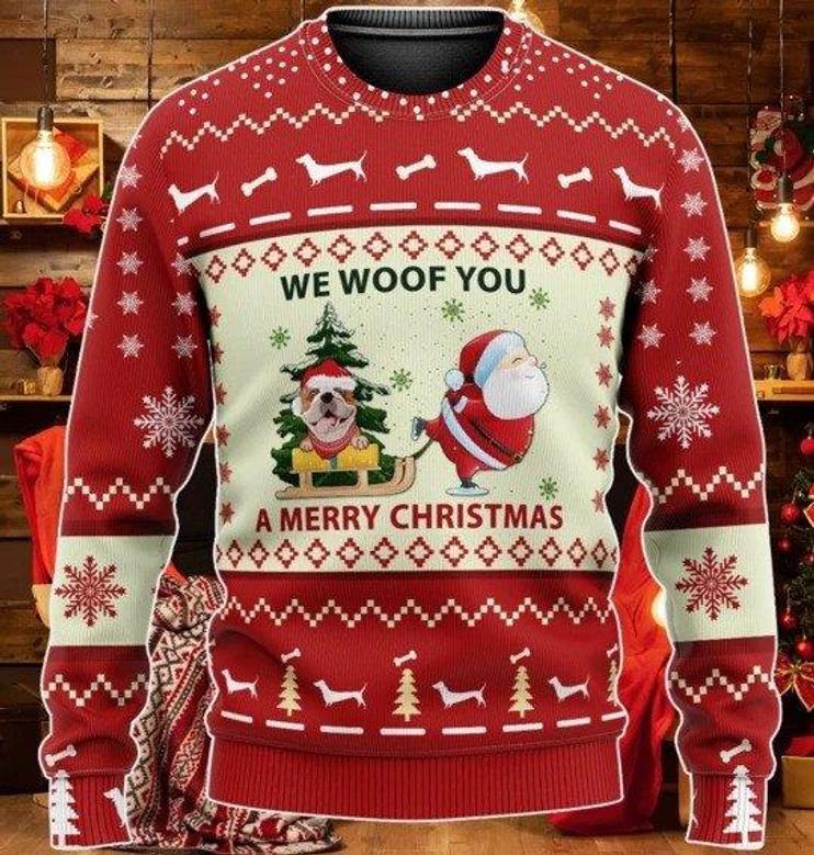 We Woof You A Merry Christmas Funny Santa And Bulldog Christmas Sweater