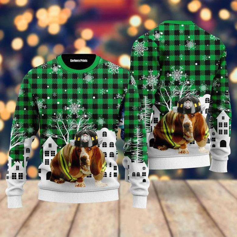 Basset Hound Costume Firefighter In Christmas City Pattern Ugly Christmas Sweater For Men & Women