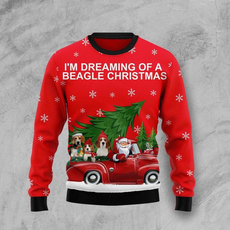 Beagle and Red Truck Ugly Christmas Sweater