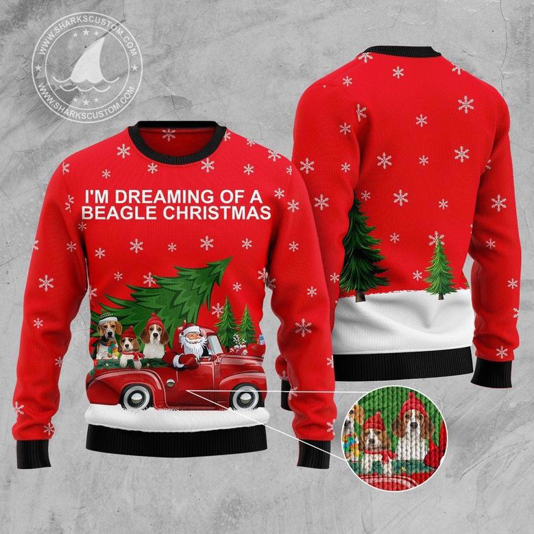 Beagle and Red Truck Ugly Christmas Sweater