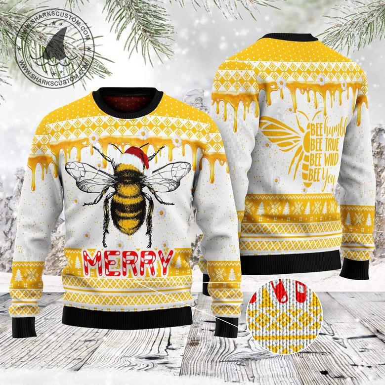 Bee Merry unisex womens & mens, couples matching, friends, bee lover, funny family ugly christmas holiday sweater gifts 1