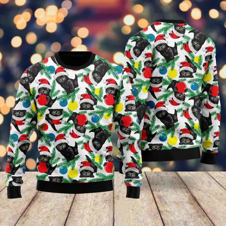 Black Cat With Xmas Balls Ugly Christmas Sweater For Men & Women