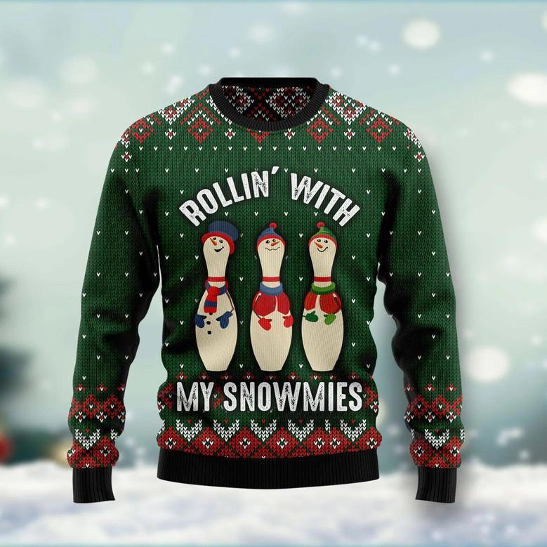 Bowling Rollin' With My Snowmies Ugly Christmas Sweater unisex womens & mens, couples matching, friends, funny family sweater gifts