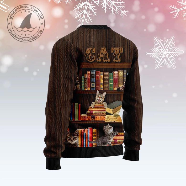 Cat Bookcase Ugly Christmas Sweater