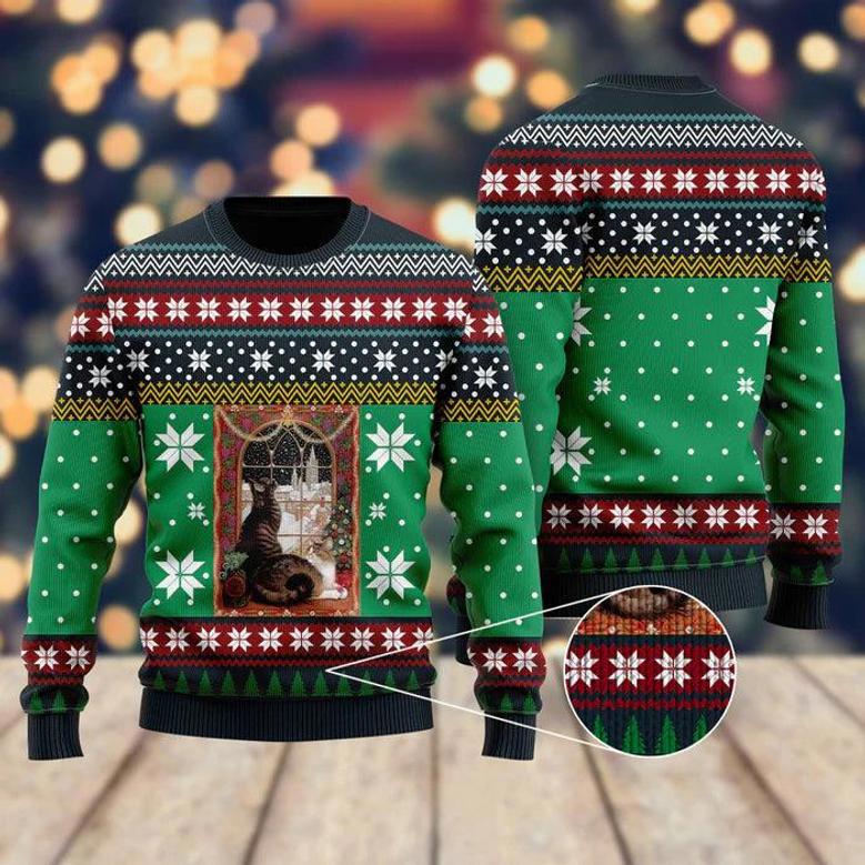 Cat Christmas Snow Window Ugly Christmas Sweater For Men & Women