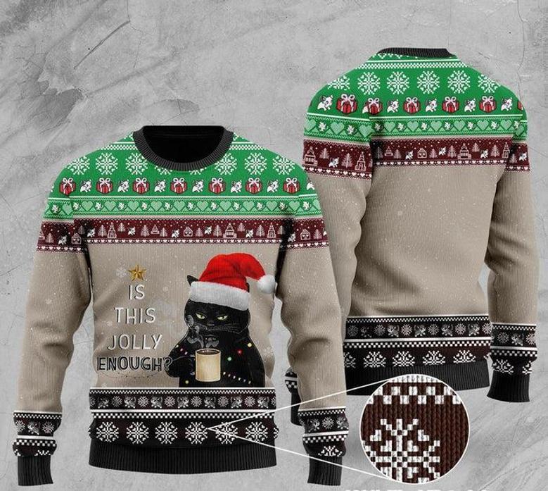 Christmas Black Cat With Coffee Is This Jolly Enough Ugly Christmas Sweater For Men & Women