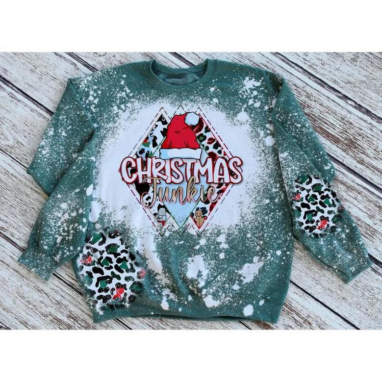 Christmas Junkie Bleached Sweatshirt Fall Sweatshirt Bleached Crewneck Cold Weather Shirt Leopard Print Christmas Sublimation