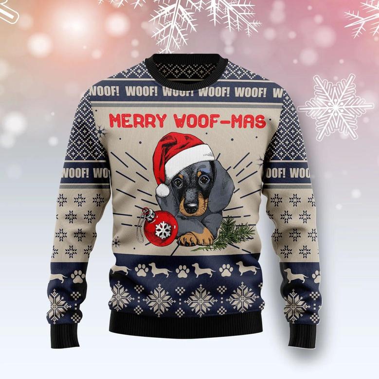 Dachshund Merry Woofmas unisex womens & mens, couples matching, friends, dachshund lover, dog lover, funny family ugly christmas holiday sweater gifts