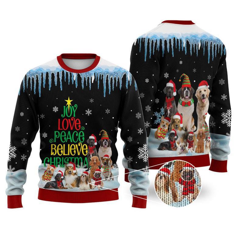 Dog Joy Love Peace Believe Christmas Sweater Christmas Knitted Print Sweatshirt