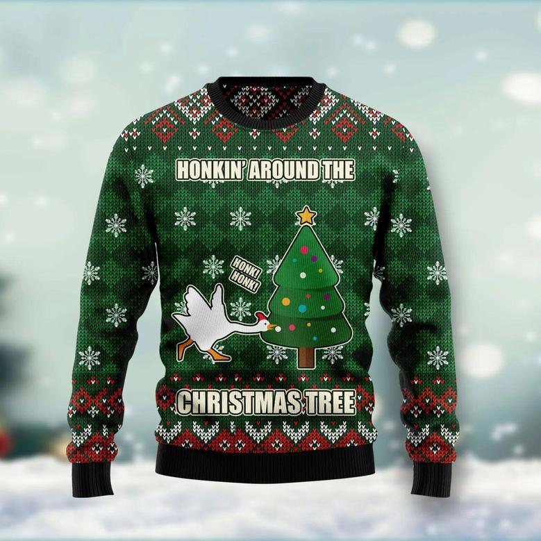 Duck Honkin Around Christmas Tree Ugly Christmas Sweater unisex womens & mens, couples matching, friends, funny family sweater gifts