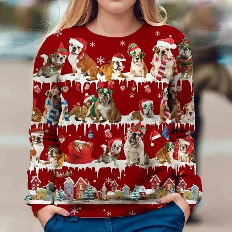 English Bulldog Snow Christmas Sweatshirt Red Ugly Christmas Sweater, Winter Gifts For Couples