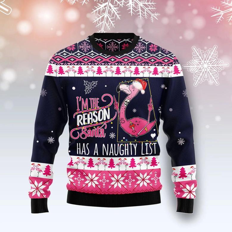 Flamingo I Am The Reason Santa Has A Naughty unisex womens & mens, couples matching, friends, funny family ugly christmas holiday sweater gifts.