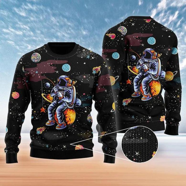 Funny Astronaut Fishing In Space Ugly Christmas Sweater For Men & Women