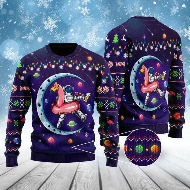 Funny Astronauts Sit On Flamingo Floats In Space With The Planet Ugly Christmas Sweater For Men & Women