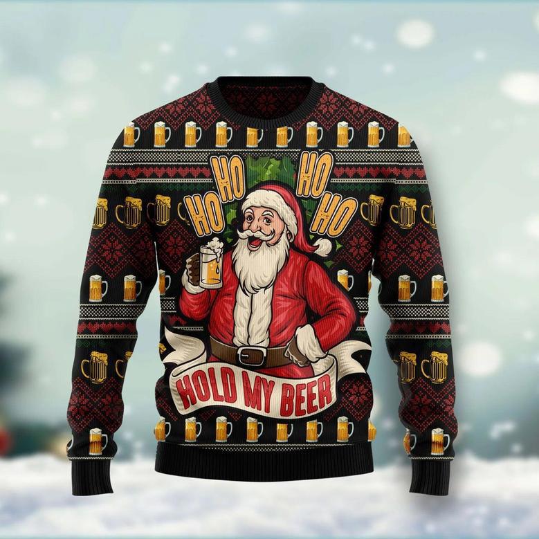 Ho Ho Hold My Beer Ugly Christmas Sweater unisex womens & mens, couples matching, friends, funny family ugly christmas holiday sweater gifts