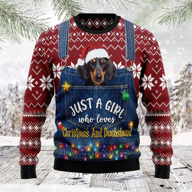 Just A Girl Who Loves Christmas And Dachshund unisex womens & mens, couples matching, friends, dachshund lover, dog mom, funny family ugly christmas holiday sweater gifts