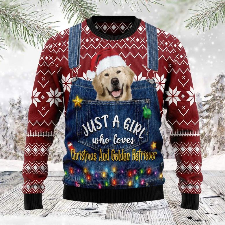 Just A Girl Who Loves Christmas And Golden Retriever unisex womens & mens, couples matching, friends, golden retriever lover, dog mom, funny family ugly christmas holiday sweater gifts