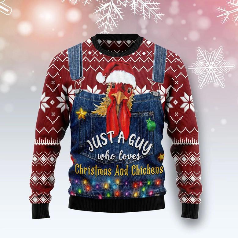 Just A Guy Who Loves Christmas And Chickens Ugly Christmas Sweater unisex womens & mens, couples matching, friends, funny family sweater gifts