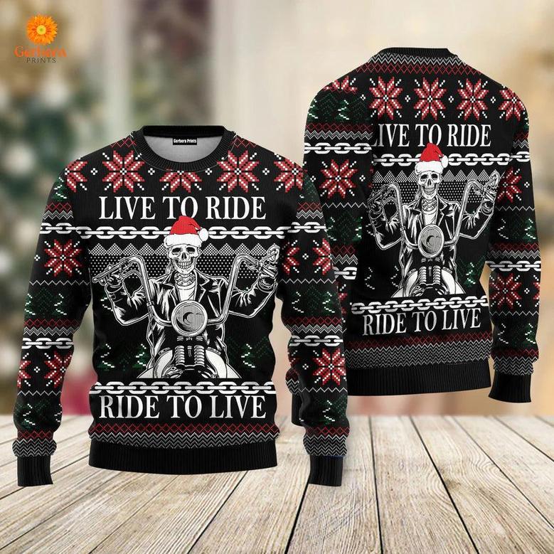 Live To Ride Motorbike Skeleton Ugly Christmas Sweater For Men & Women