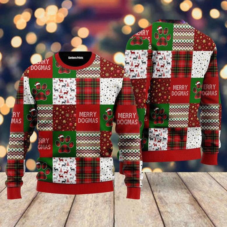 Merry Dogmas Paws Patchwork Pattern Ugly Christmas Sweater For Men & Women