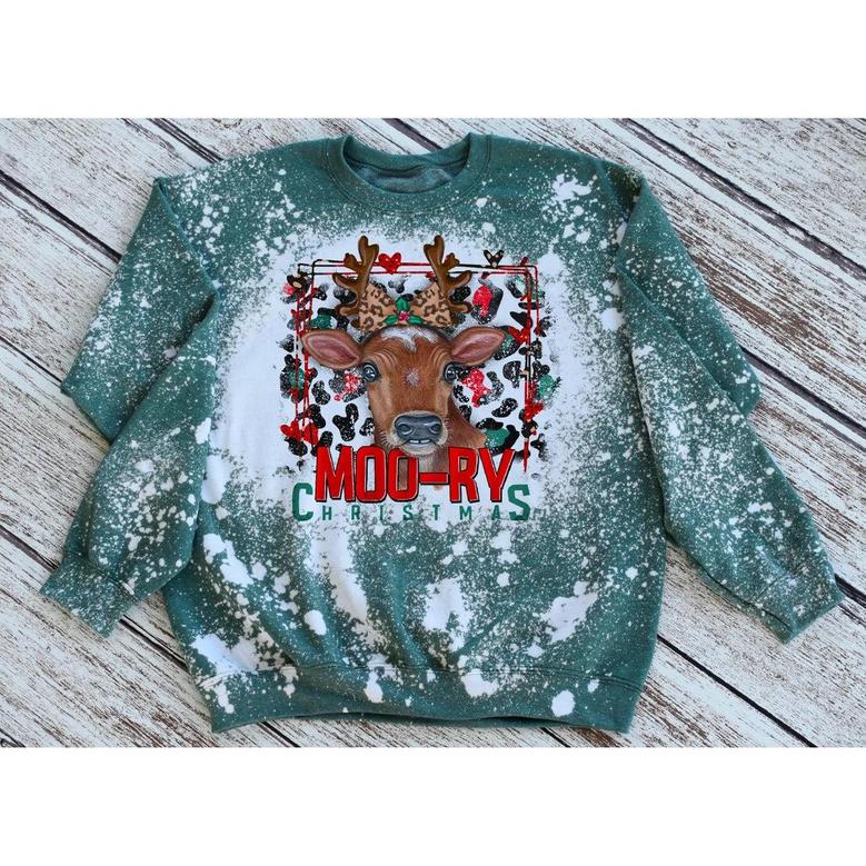 Moory Christmas Bleached Sweatshirt Fall Sweatshirt Bleached Crewneck Cold Weather Leopard Print Cow