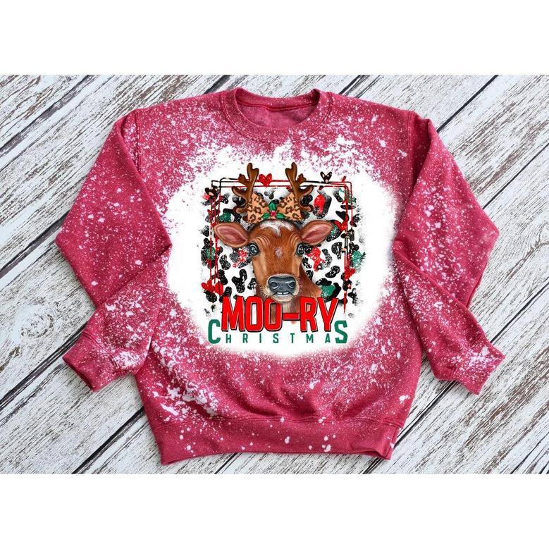 Moory Christmas Bleached Sweatshirt Fall Sweatshirt Bleached Crewneck Cold Weather Leopard Print Cow Sublimation