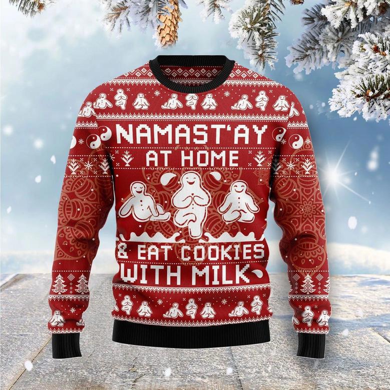 Namast‘ay At Home Eat Cookies With Milk Ugly Christmas Sweater