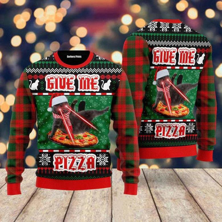 Naughty Pizza Cat With Laser Eyes Give Me Pizza Ugly Christmas Sweater For Men & Women