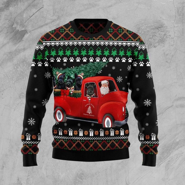 Scottish Terrier and Red Truck Ugly Christmas Sweater