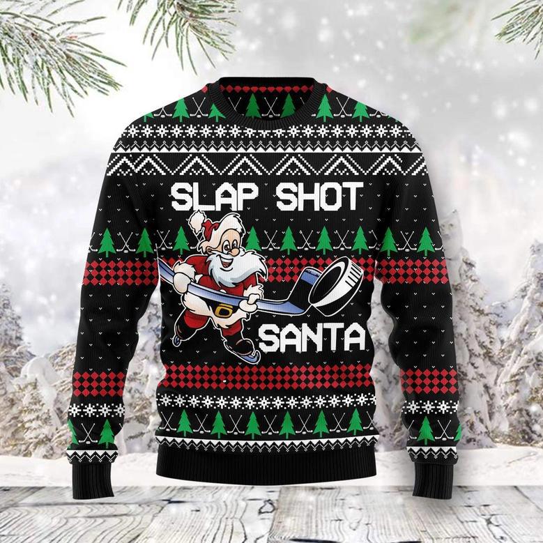 Slap Shot Santa unisex womens & mens, couples matching, friends, funny family ugly christmas holiday sweater gifts