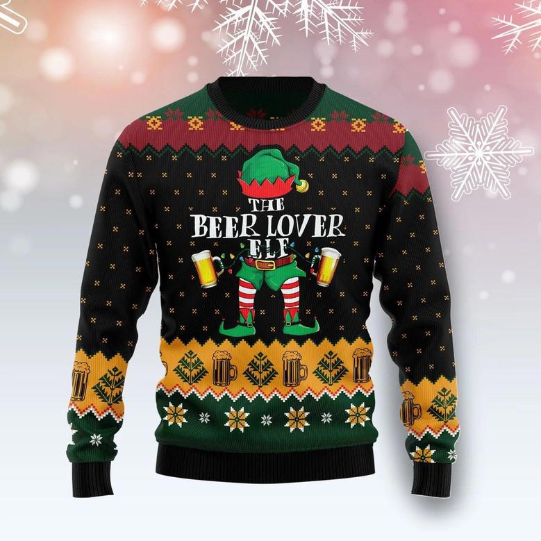 The Beer Lover Elf Ugly Christmas Sweater unisex womens & mens, couples matching, friends, funny family ugly christmas holiday sweater gifts