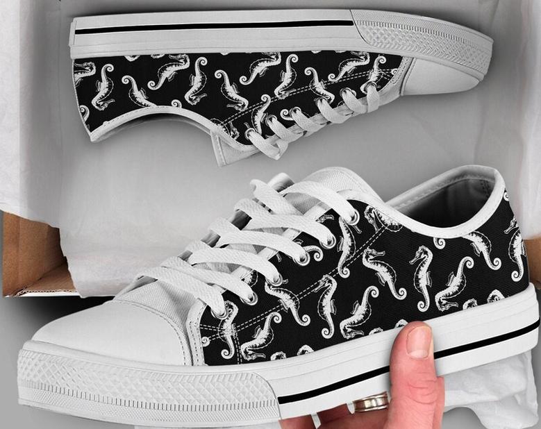 Seahorse Shoes , Seahorse Sneakers , Seahorse Print Pattern , Seahorse Gifts , Custom Low Top Converse Style Sneakers For Women & Men