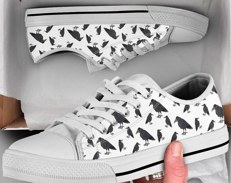 Crow Print Shoes , CrowSneakers , Crow Print Pattern , Crow Gifts , Custom Low Top Converse Style Sneakers For Women & Men