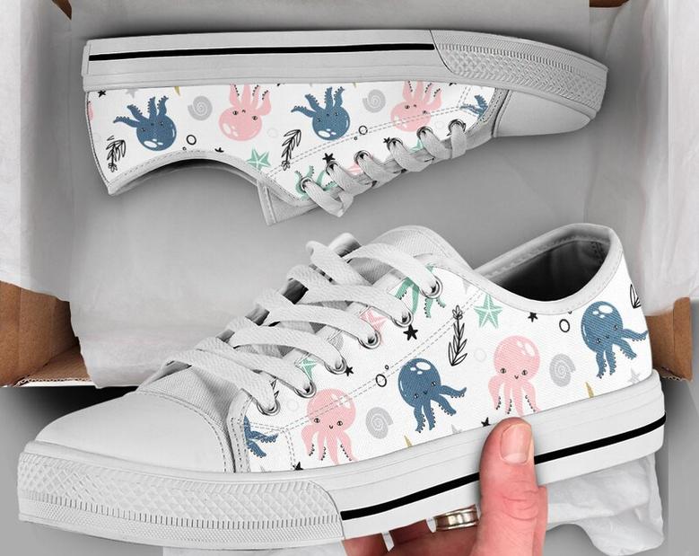White Octopus Shoes , Octopus Sneakers , Octopus Print Pattern , Octopus Gifts , Custom Low Top Converse Style Sneakers For Women & Men