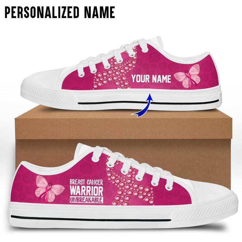 Personalized Breast Cancer Warrior Unbreakable Low Top Shoes, Pink Butterfly Ribbon Canvas Shoes, Breast Cancer Warrior Gift, Gift For Women