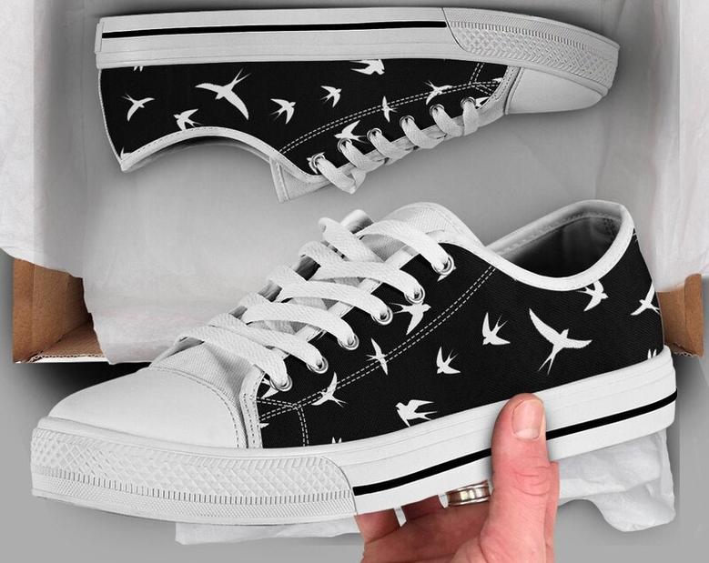 Black Swallow Print Shoes - Sneakers , Swallow Print Pattern , Swallow Lover Gifts , Custom Low Top Converse Style Sneakers For Women & Men