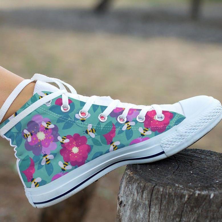 Bees Fly On Flower Pattern High Top Shoes, Unisex Sneakers, Men And Women High Top Sneakers