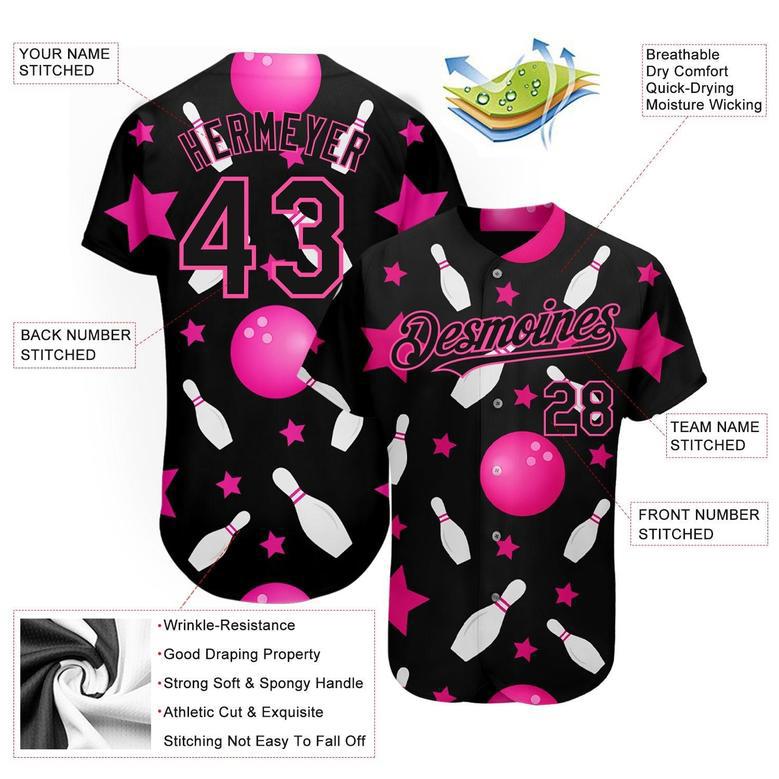 Custom Black Pink 3D Pattern Design Bowling Authentic Baseball Jersey