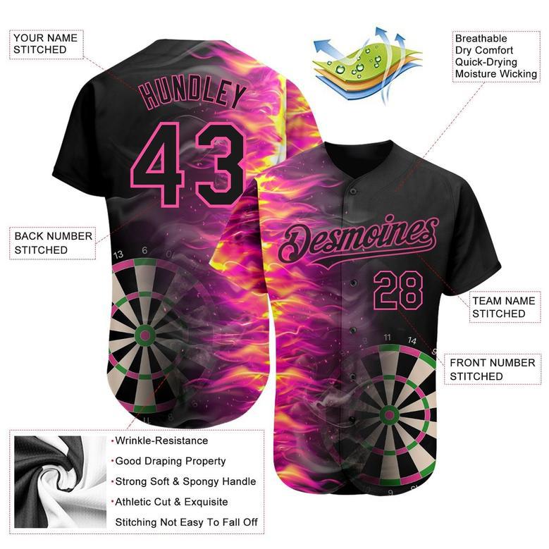 Custom Black Pink 3D Pattern Design Fiery Dart Board Authentic Baseball Jersey