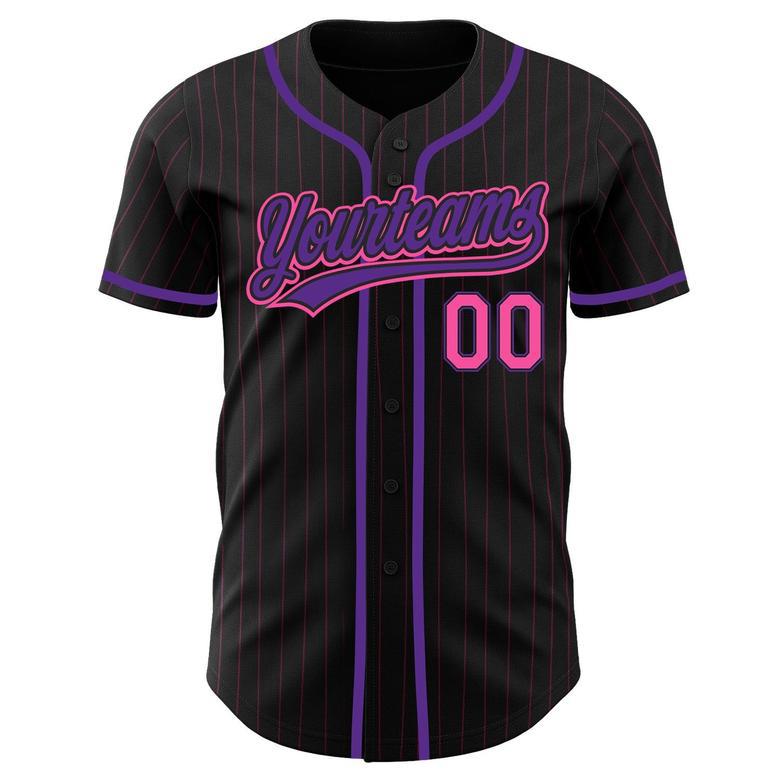 Custom Black Pink Pinstripe Pink-Purple Authentic Baseball Jersey