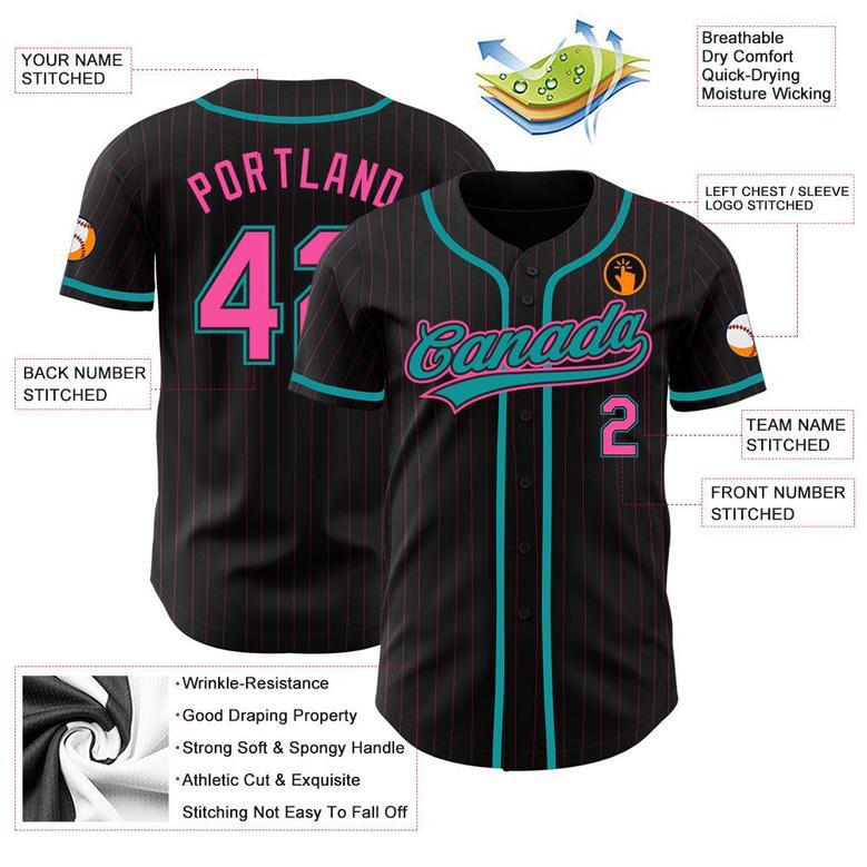 Custom Black Pink Pinstripe Pink-Teal Authentic Baseball Jersey