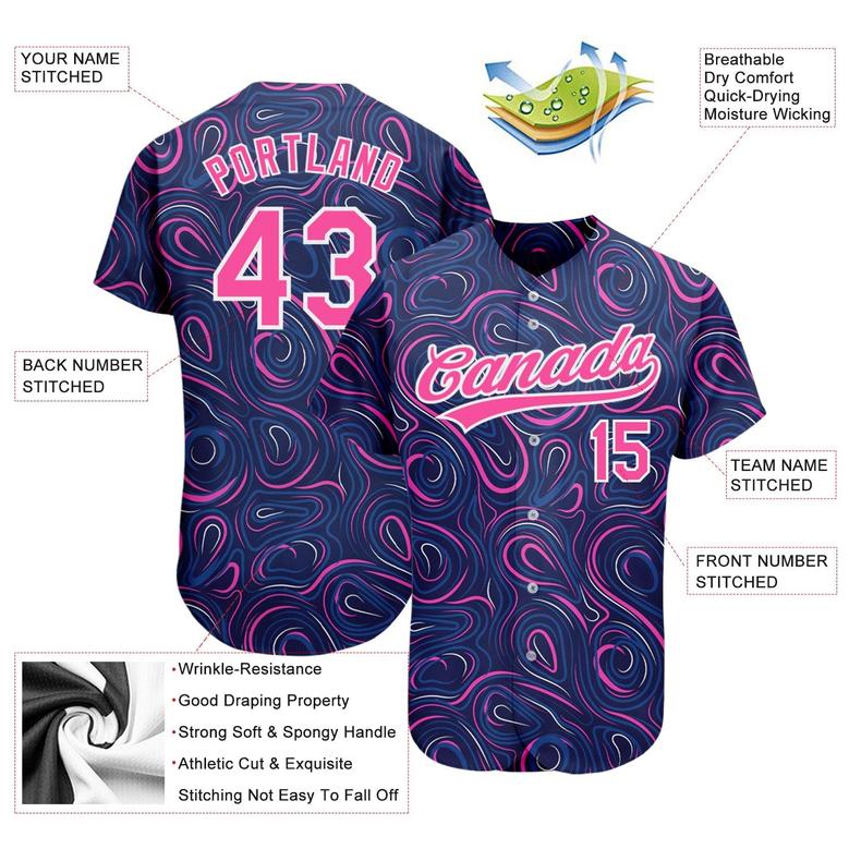 Custom Navy Pink-White 3D Pattern Design Authentic Baseball Jersey