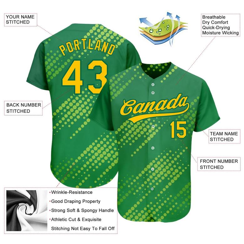 Custom Neon Green Gold-Kelly Green 3D Pattern Design Authentic Baseball Jersey