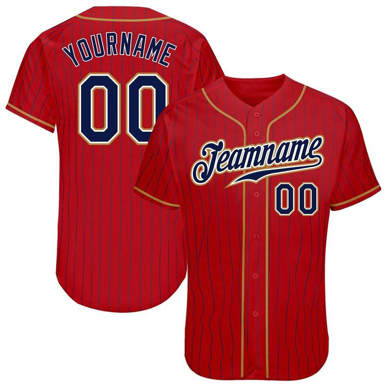 Custom Red Navy Pinstripe Navy-Old Gold Authentic Baseball Jersey