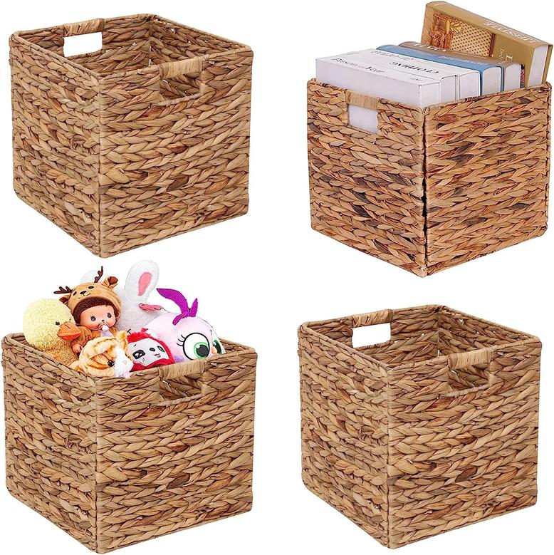 Storage Baskets Wicker Baskets 11in Foldable Handwoven Water Hyacinth Laundry Organizer Set 4 pcs